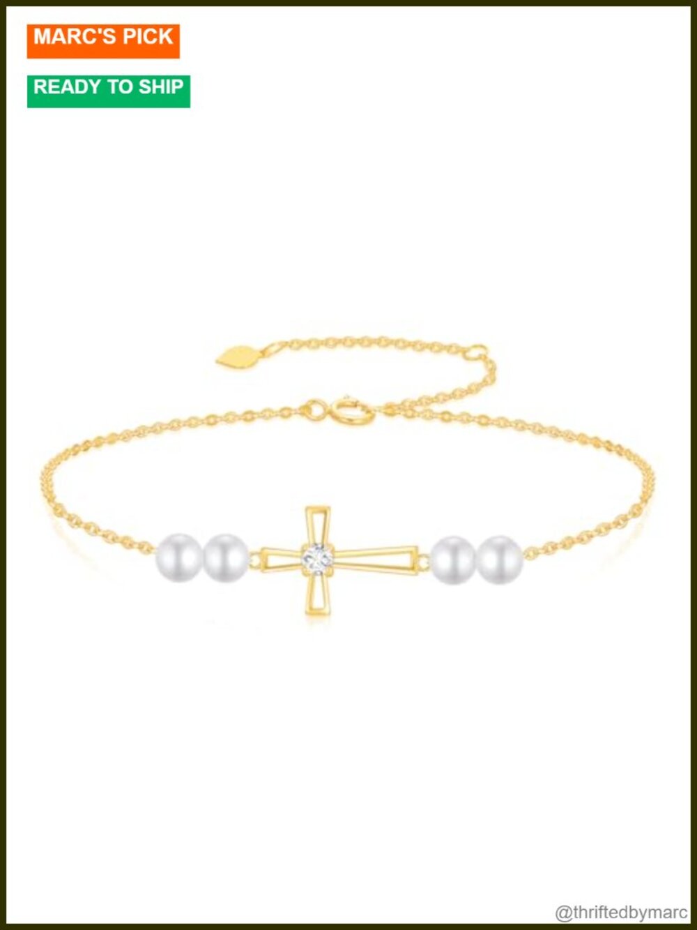 10k Gold Lab Grown Diamond Pearl Cross Bracelet